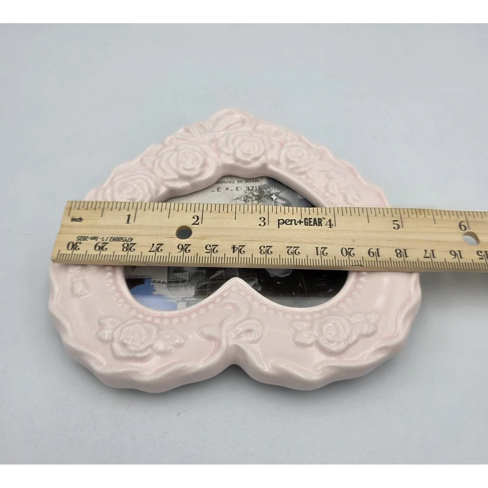 Vtg Pale Pink Heart Shaped & Roses Ceramic Picture Frame 3x3